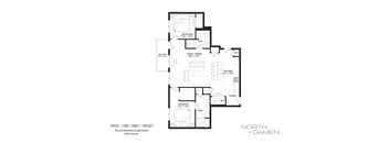A black and white image of a floor plan for a two bedroom, two bathroom apartment.