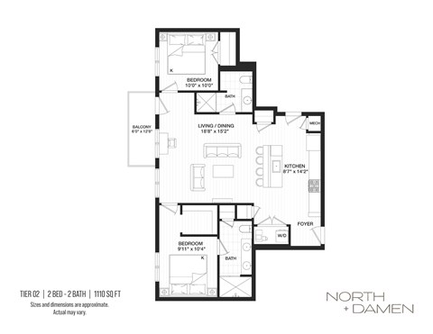 A black and white image of a floor plan for a two bedroom, two bathroom apartment.