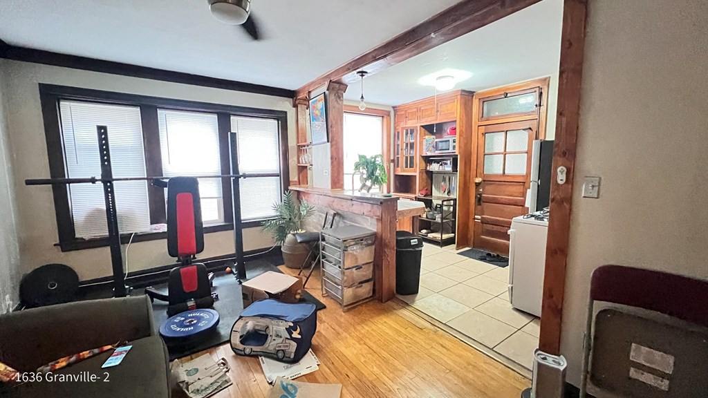 a view of the living room and kitchen from the dining room