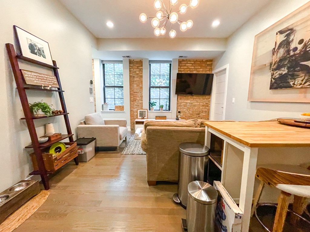 a living room with a couch and a table
