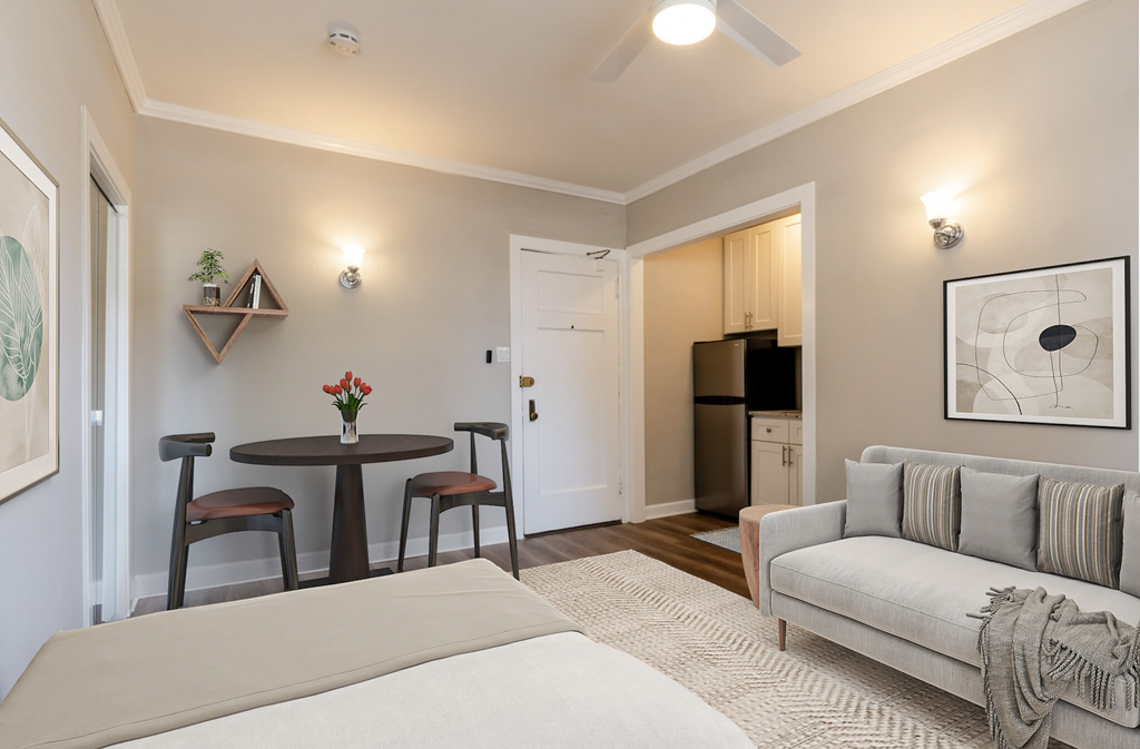 a living room with a couch and a table