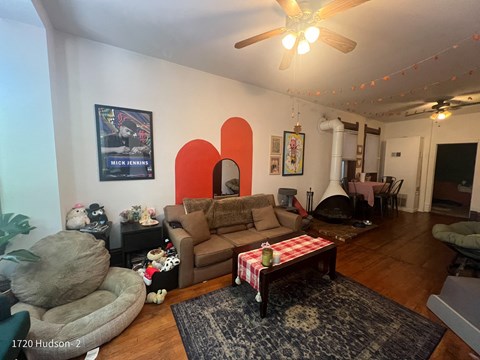 a living room with a couch and a table