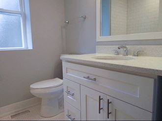 a bathroom with a toilet sink and mirror - Photo Gallery