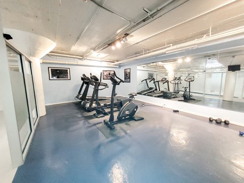 a gym with cardio machines and weights on the floor