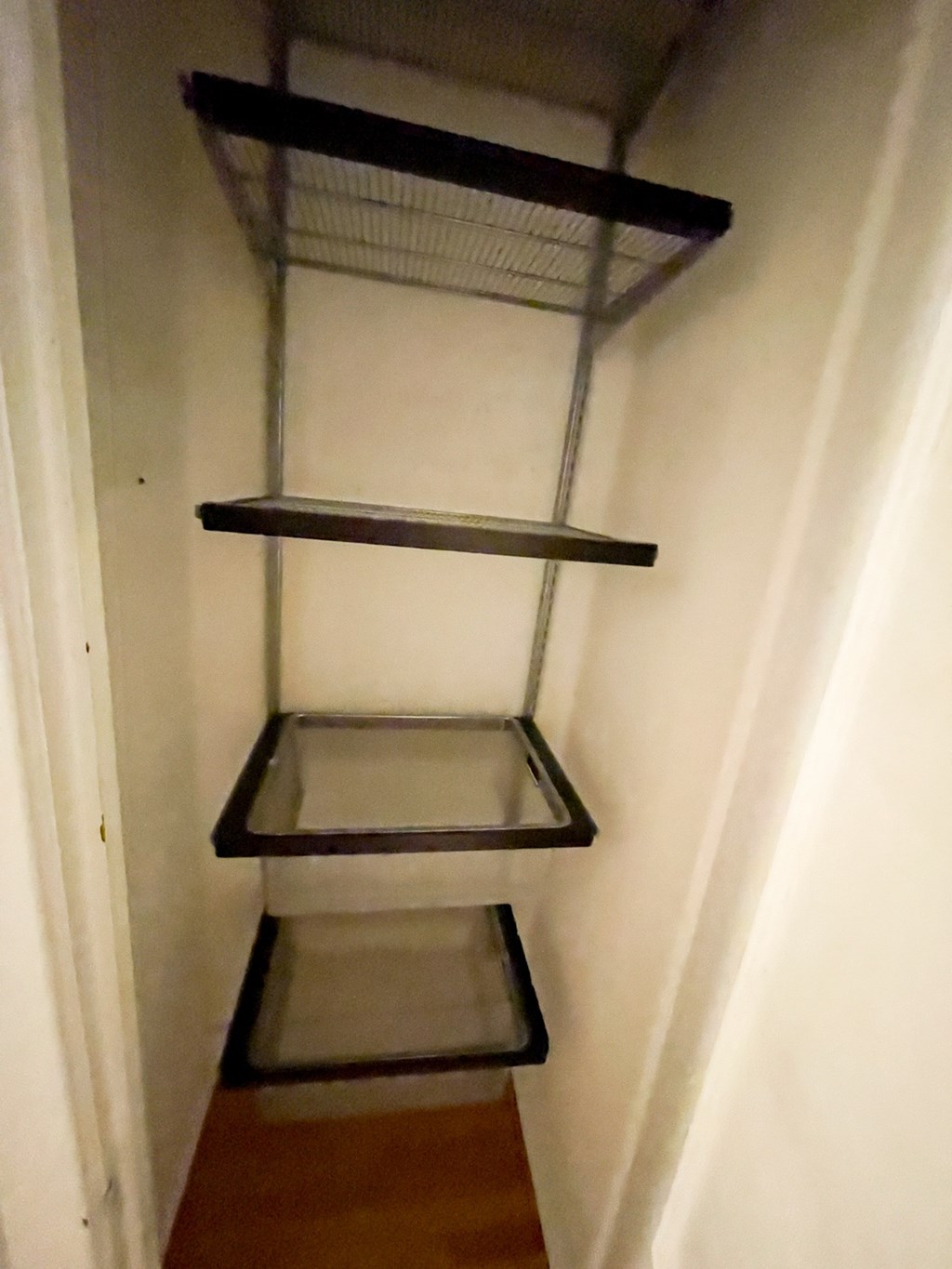 Empty shelves in a white pantry.