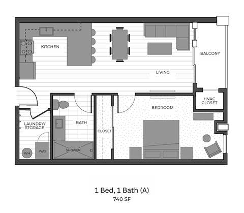 A floor plan of a one bedroom apartment with a bath.