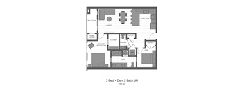 A floor plan of a one bedroom apartment with a den and two baths.