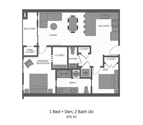 A floor plan of a one bedroom apartment with a den and two baths.
