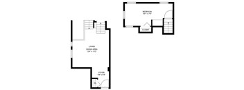 A floor plan of a small apartment with a bedroom, living/dining area, and a foyer.