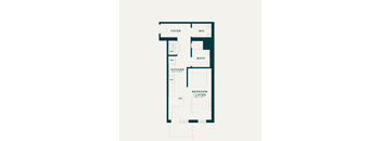A floor plan of a small apartment with a kitchen, living room, and bathroom.
