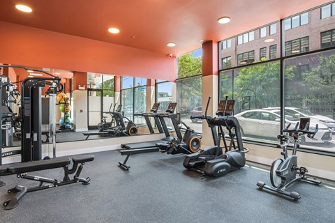 A gym with a variety of equipment including treadmills, stationary bikes, and weight machines.