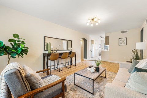 A living room with a grey couch, a coffee table, and a dining table with chairs.