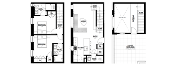 A set of three black and white floor plans for a house.