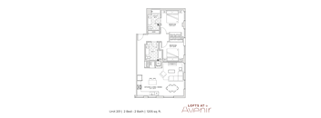 A floor plan of an apartment with two bedrooms, two bathrooms, and a kitchen.