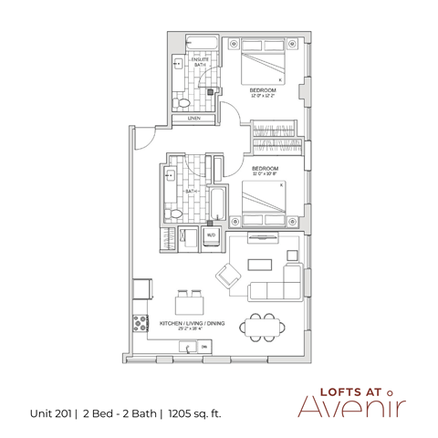 A floor plan of an apartment with two bedrooms, two bathrooms, and a kitchen.