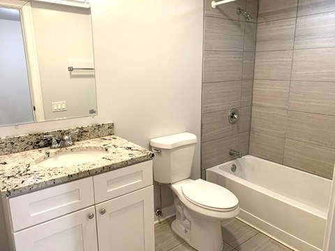 a bathroom with a toilet and a tub and a sink