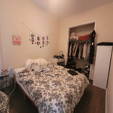 A bedroom with a bed, a clothing rack, and a wall hanging.