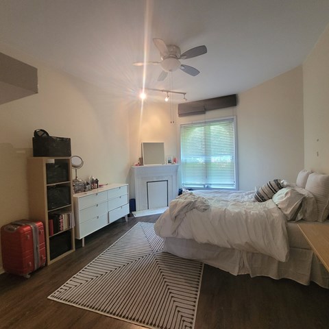A bedroom with a bed, dresser, and a ceiling fan.