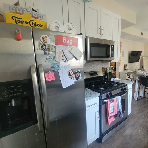 A refrigerator with a bag magnet on it.