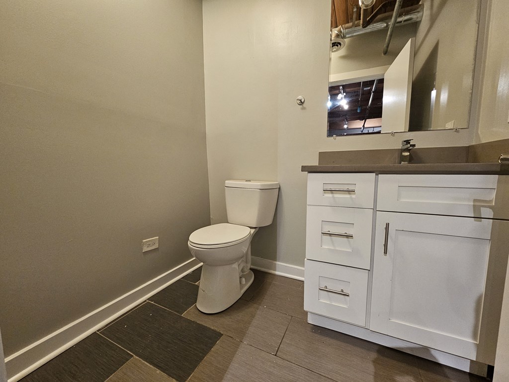 A white toilet sits in a bathroom with a white cabinet and a black and white rug.