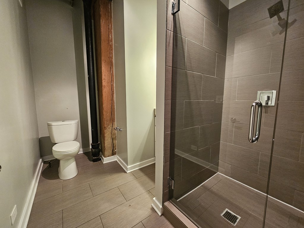 A bathroom with a toilet, a walk in shower, and a glass door.