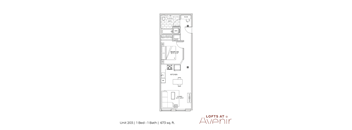 A floor plan for a 1 bedroom, 1 bathroom apartment at Lofts at Avenir.