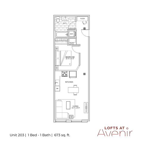 A floor plan for a 1 bedroom, 1 bathroom apartment at Lofts at Avenir.
