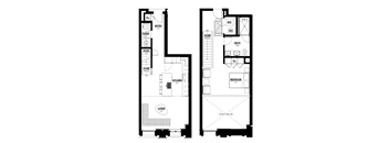A black and white floor plan of a two-story house with a living room, kitchen, staircase, bathroom, and bedroom.