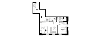A floor plan of a house with a living room, kitchen, and two bedrooms.