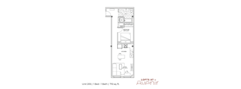 A floor plan for a one bedroom apartment with a bathroom, bedroom, living room, and kitchen.