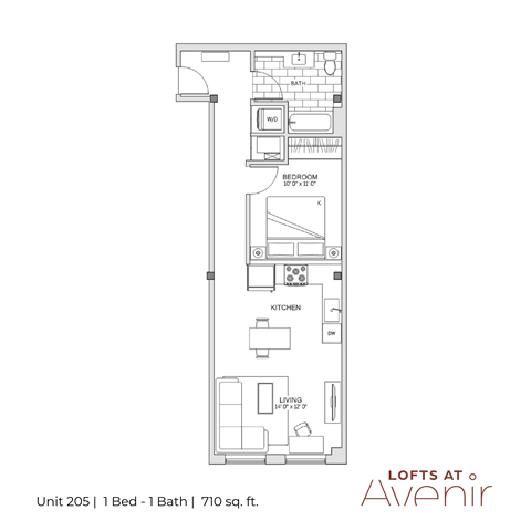 A floor plan for a one bedroom apartment with a bathroom, bedroom, living room, and kitchen.