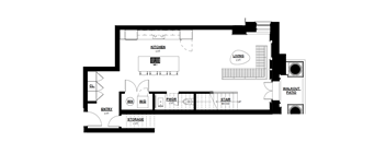 A black and white floor plan of a house with a kitchen, living room, and staircase.