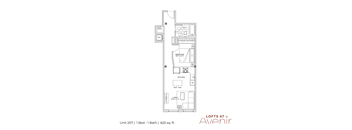 A floor plan for a 625 sq ft apartment with one bed and one bath.
