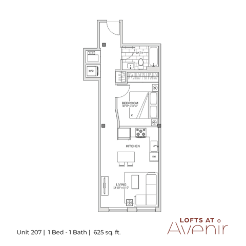 A floor plan for a 625 sq ft apartment with one bed and one bath.