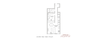 A floor plan of a one bedroom apartment with a bathroom and a living/dining area.