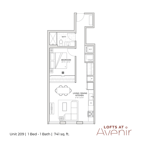 A floor plan of a one bedroom apartment with a bathroom and a living/dining area.