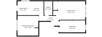 A floor plan of a house with a living room, dining area, kitchen, and three bedrooms.
