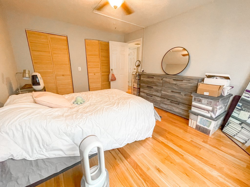 a bedroom with a bed and dresser