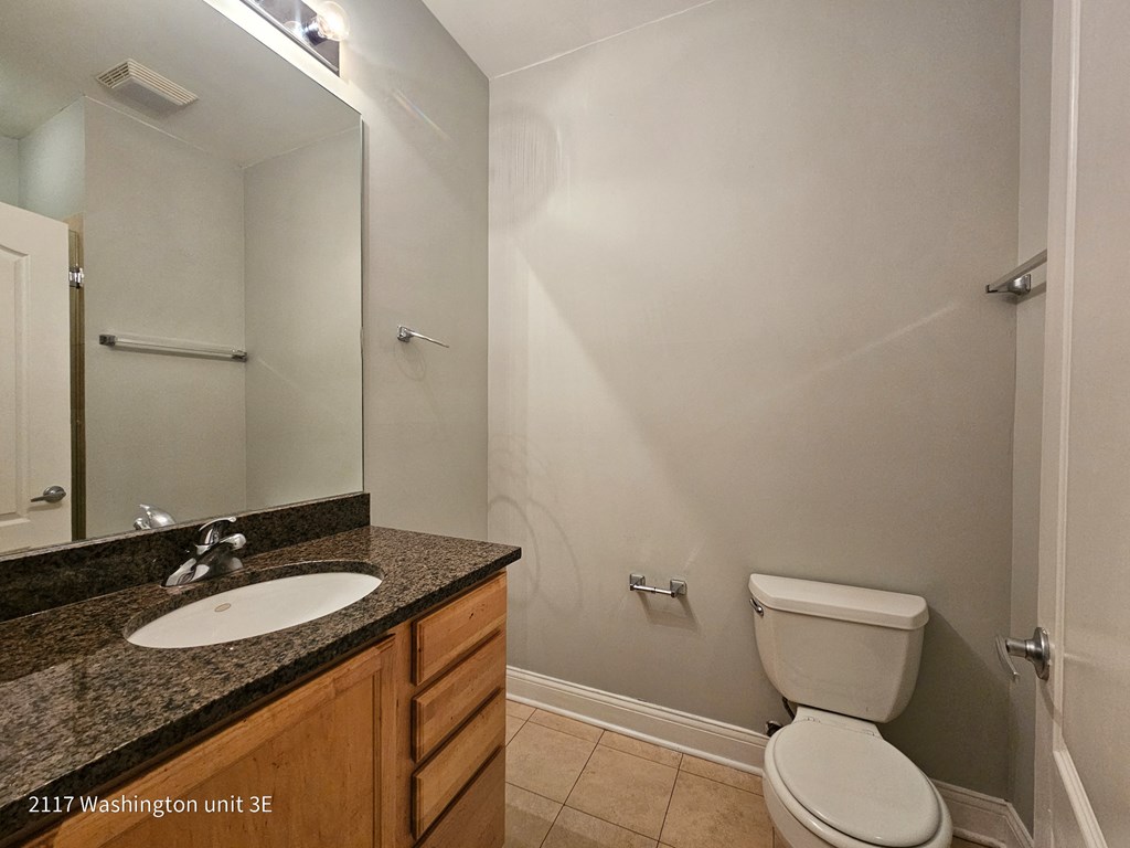 a bathroom with a mirror and a toilet and a sink