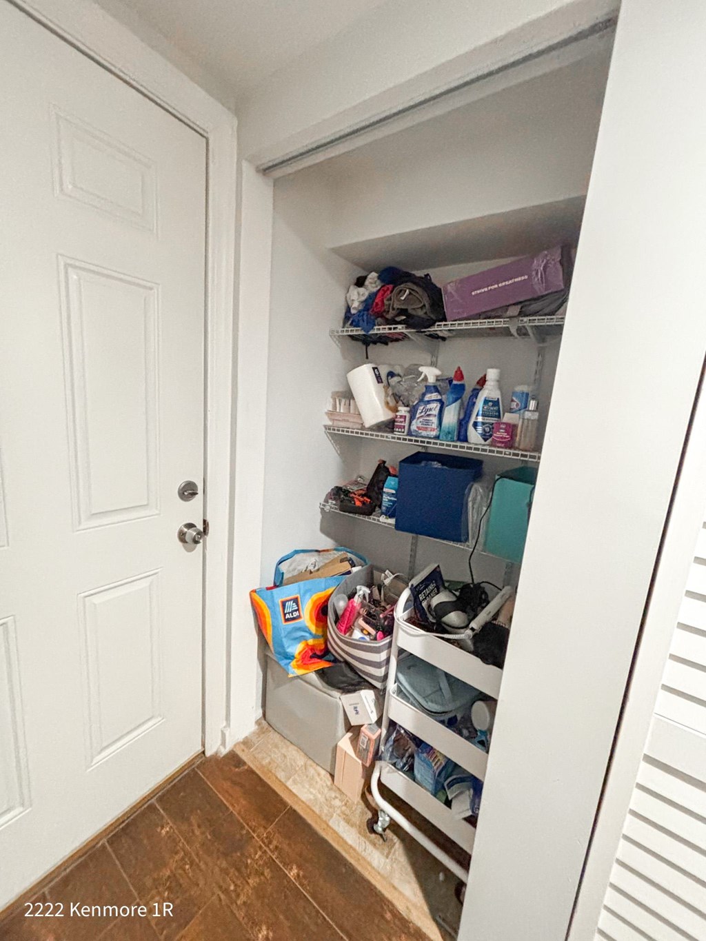 A white door is open to a small closet with a shelf and a few items on it.