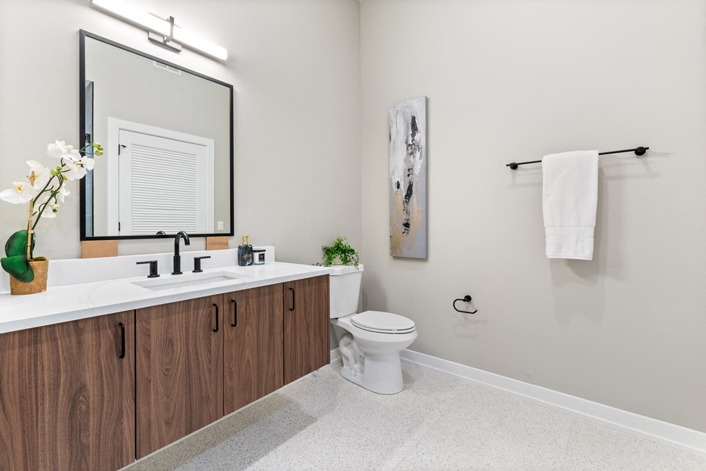 a bathroom with a large mirror and a toilet