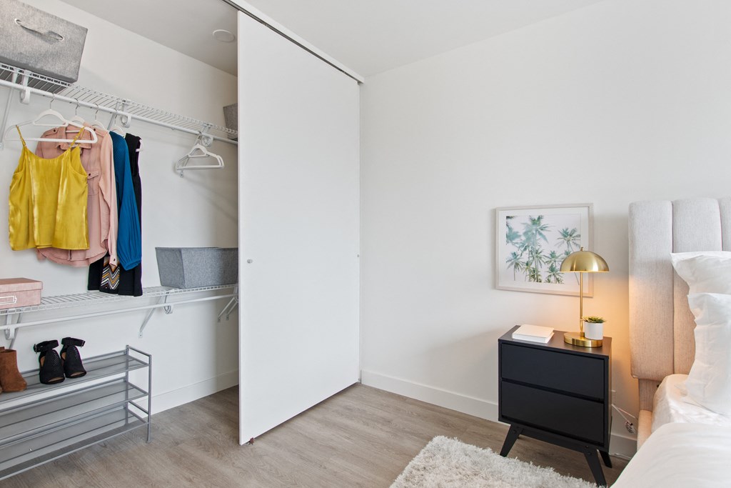 A bedroom with white walls and a huge closet with a sliding door