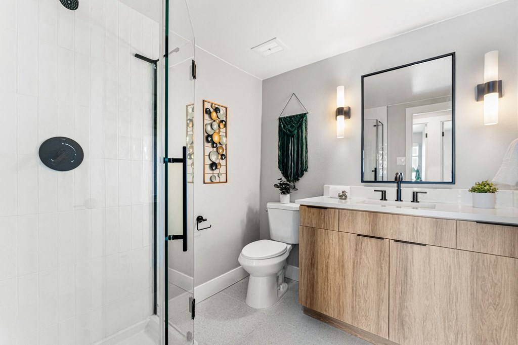 a bathroom with a glass shower, toilet, sink, and mirror