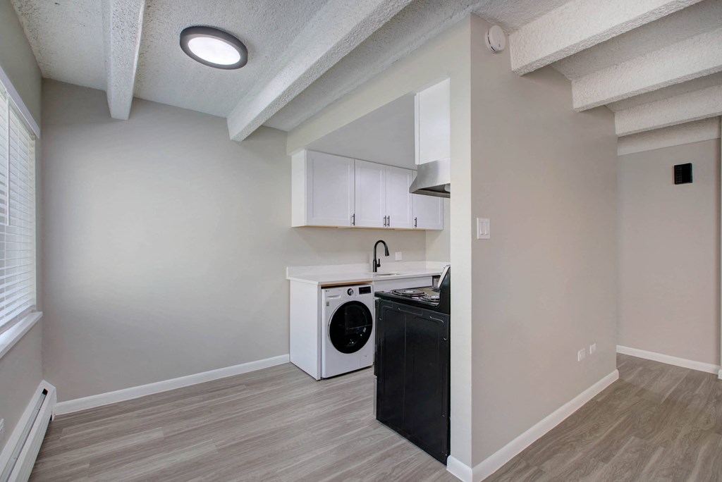 a kitchen with a washing machine and a dishwasher in a room with a window
