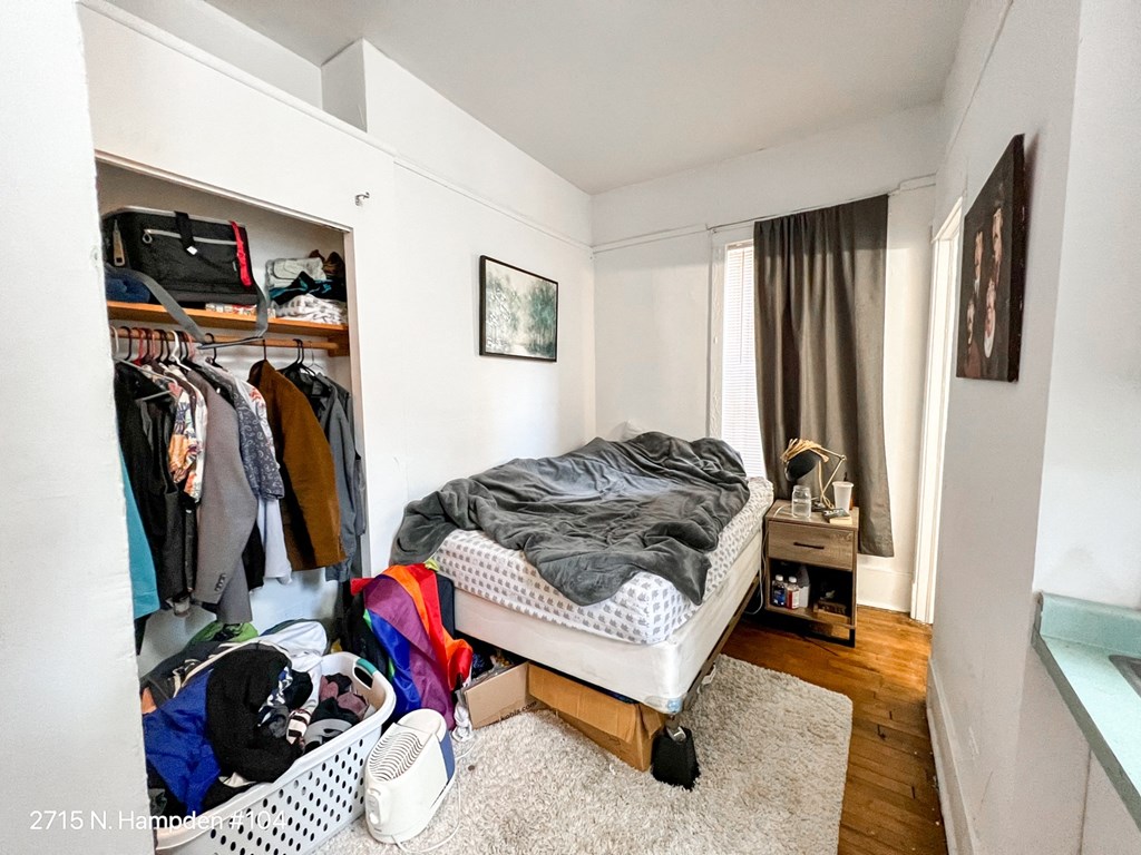 a bedroom with a bed and a closet