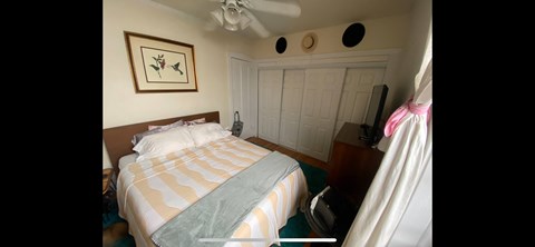A bedroom with a bed, a dresser and a painting on the wall.
