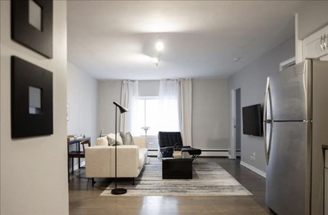 A modern living room with a black and white color scheme.