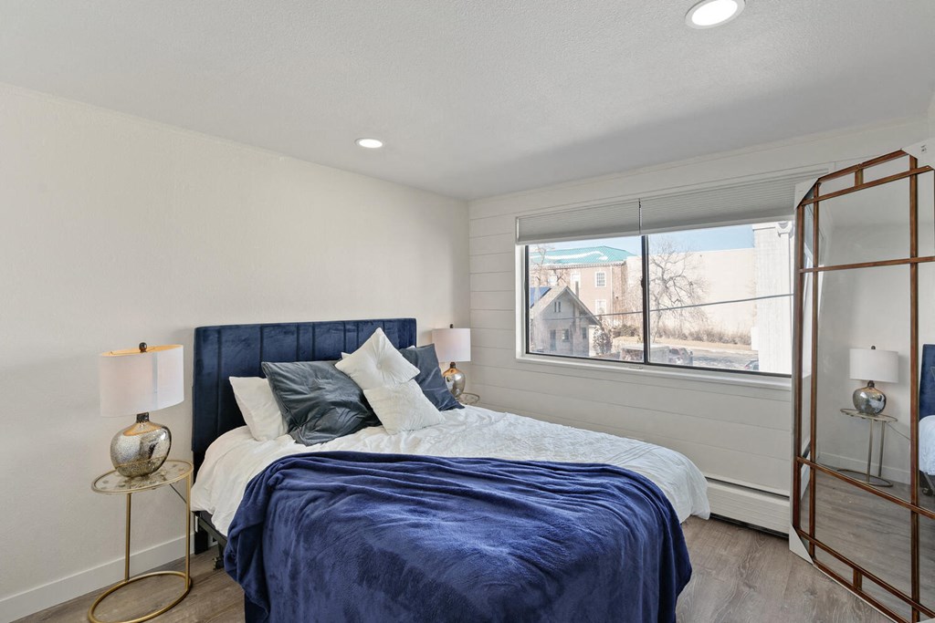 a bedroom with a bed and a window