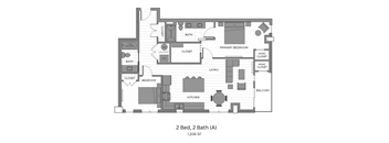 A floor plan of a 2 bedroom, 2 bath apartment.