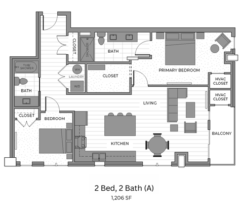 A floor plan of a 2 bedroom, 2 bath apartment.
